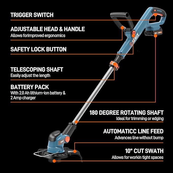 SENIX X2 20V 10'' Weed Wacker - 2 (2.5 Ah) Batteries, 2A Charger and Spool Included- X2GT-BDL