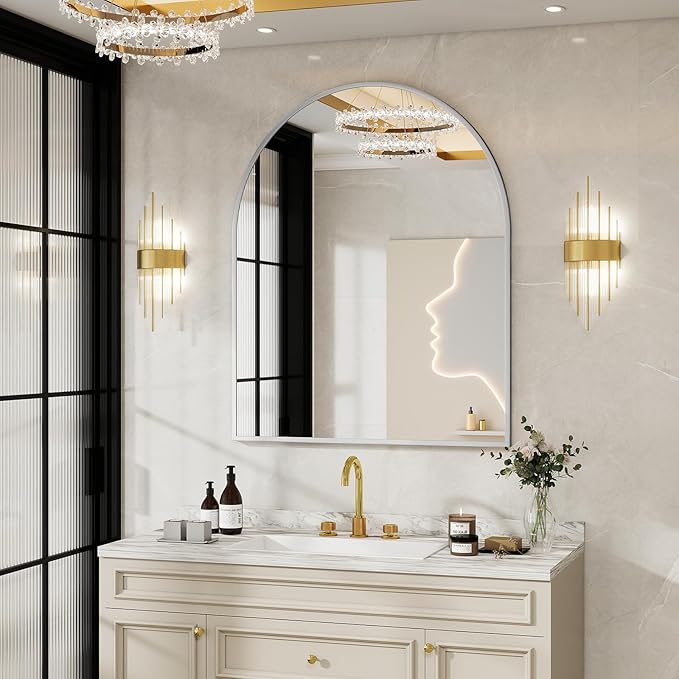 BEAUTYPEAK 32"x42" Arch Bathroom Mirror, Wall Mounted Vanity Metal Frame Mirror for Bedroom, Entryway, Living Room, Silver