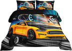Axolotl Race Car Bedding Set Queen Size,Boys Extreme Sports Comforter Set for Kids Boys Car Racing Gifts,Yellow Cool Car Comforter Car Sports Quilt Set 1 Comforter with 2 Pillowcase Car Racing Gifts