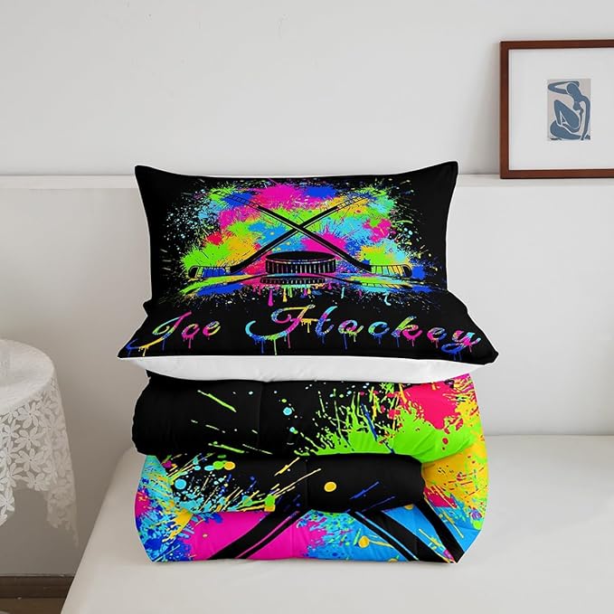 Kids Ice Hockey Comforter Set Full Size Gaming Sports Bedding Set for Boys Girls Teens Bedroom Decor Ice Sports Games Tie Dye Comforter Hockey Player Duvet Set with 2 Pillow Case