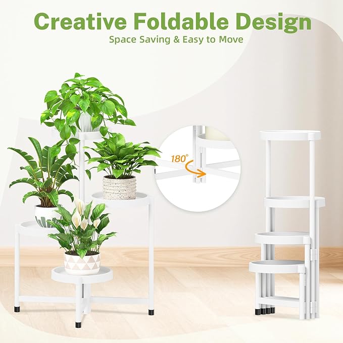 iDavosic.ly 4 Tier Folding Plant Stand Indoor Outdoor with Plastic Tray, Tiered Corner Flower Holder Shelf, Metal Orchid Display Rack for Patio Porch Living Room Garden Balcony, White