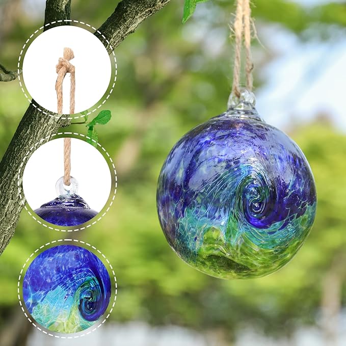VCUTEKA Hanging Garden Gazing Ball, Hand-Blown Glass Witch Ball for Outdoor Garden Décor, 6" Colorful Swirl