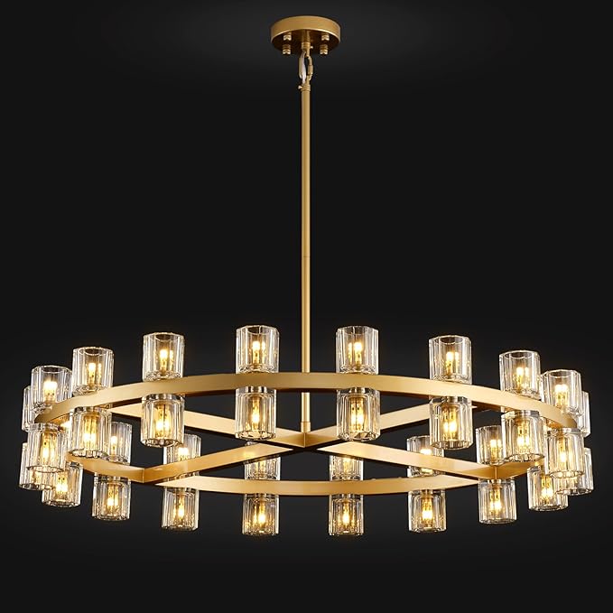 Modern 36" Gold Round Chandelier Light Fixture, K9 Crystal Chandeliers for Dining Room, Living Room, Dining Room Chandeliers Over Table, Chandelier for Bedroom, Foyer, Includes 36XG4 Bulbs