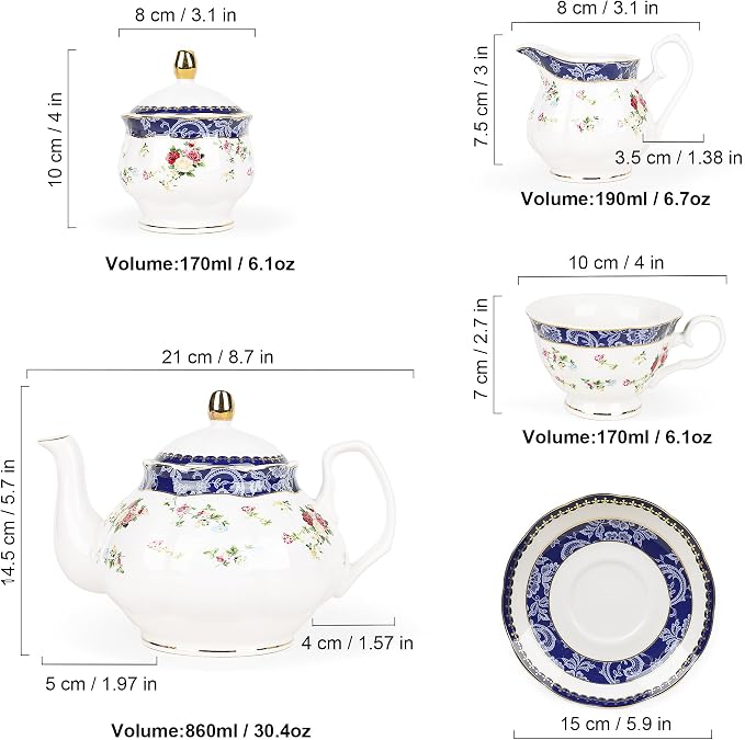 fanquare Bone China Tea Sets for Adults, 21-Piece Blue Lace and Roses Porcelain Tea Service with Sugar Bowl & Creamer, English Cremic Floral Teacups Set of 6 for Women Tea Party | Porcelain Tea Service with Sugar Bowl and Creamer, English Floral Cerami...
