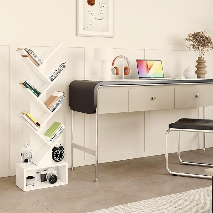 YMYNY 6 Tier Tree Bookshelf, Tall Bookcase, Wood Book Storage Rack with Drawer, Modern Floor Standing Book Shelf for Books/Movies/CDs, Utility Organizer for Living Room, Home Office, White UHBC016W