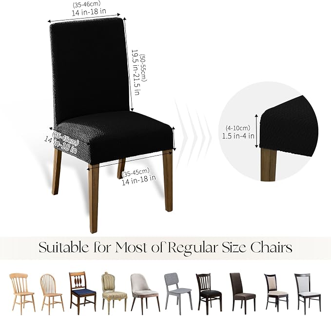 MOSAYT 100% Waterproof Dining Room Chair Covers Set of 6, Super Fit Stretch Jacquard Parson Chairs Slipcovers Removable Washable Chair Seat Protectors for Home, Kitchen, Banquet (Black)
