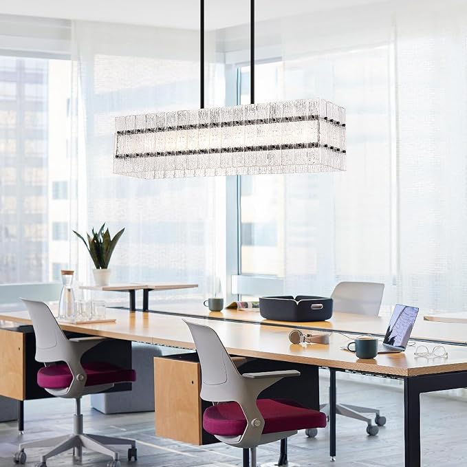 Modern Black Rectangle Water Ripple Glass Chandelier 6 Lights for Dining Room Kitchen Island Bar Living Room UL Listed L39.4 in