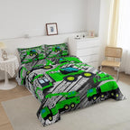 Excavator Down Comforter, Kids Boys Cartoon Car Comforter Set Twin, Children Tractor Truck Duvet Sets Girls Construction Vehicle Bulldozer Bedding Set 2 Pieces with 1 Pillow Case, Green Gray