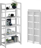 No-Assembly Folding Bookshelf Storage Shelves 5 Tiers Vintage Multifunctional Plant Flower Stand Storage Rack Shelves Bookcase for Home Office(All White)