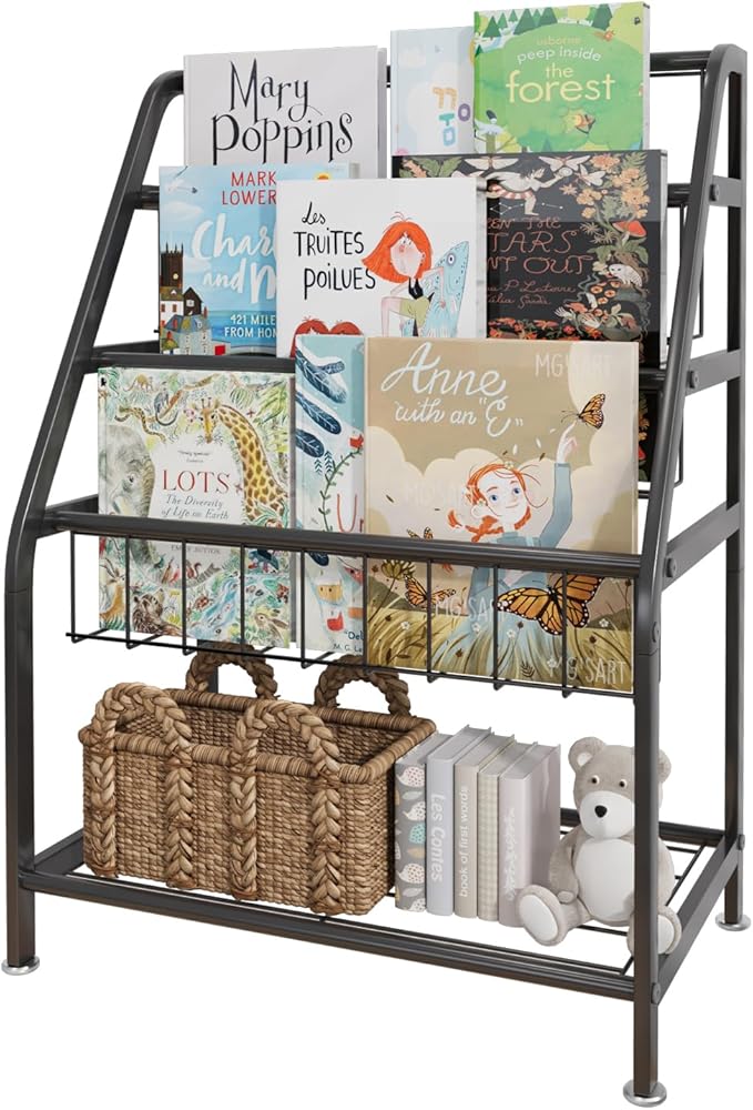 Kids Bookshelf Freestanding for Children Room 18 Inches Black Metal Bookcase Large Capacity Books Toys Organizer Stable 5 Tiers Kids Book Rack for Playroom Bookstore Library.
