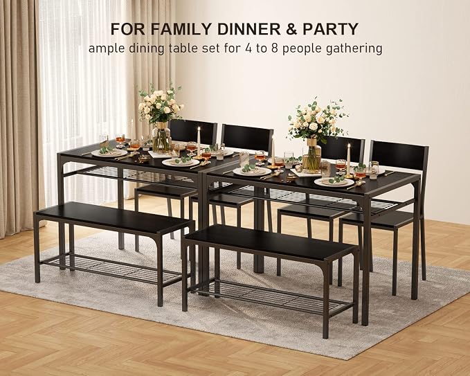 Gizoon 4-Piece Dining Table Set for 4, Kitchen Table with Bench Black | Space-saving black 4-piece dinette set with metal storage rack. Includes 2 ergonomic chairs and 1 bench. Easy to clean.