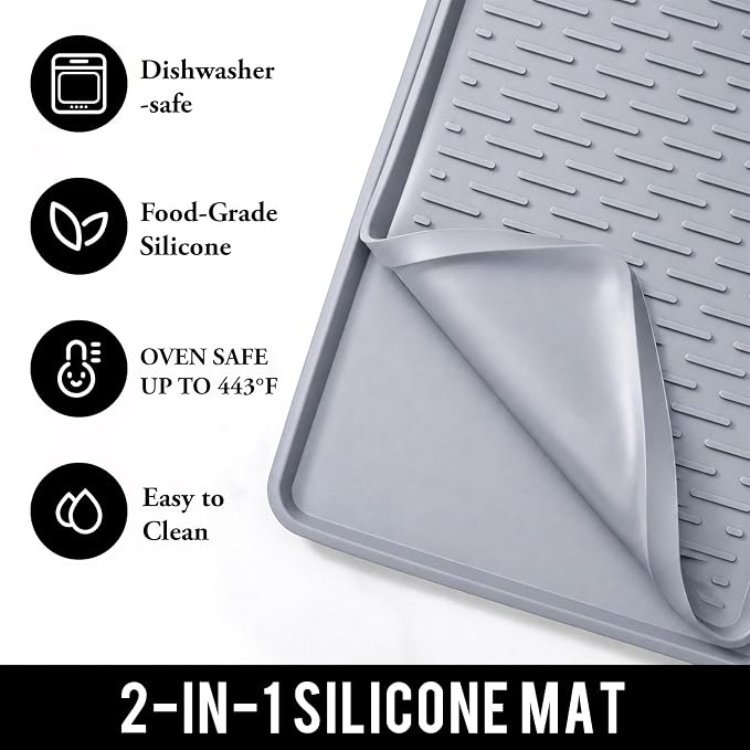Caketime 2 In 1 Silicone Coffee Bar Mat Accessories for Keurig Coffee Maker pot with Detachable Dish Drying Rug Kitchen Counter Under Sink Drainer Necessities Rome Decor 16"x16" Light Gray