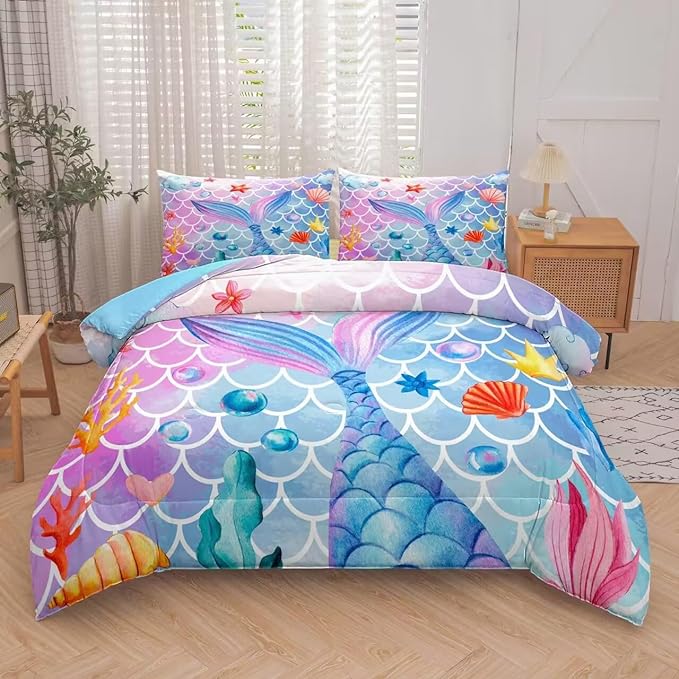 NINENINE Mermaid Comforter Sets,Twin Bedding Sets for Girls,Kids Comforter Sets for Girls,Girls Twin Bedding Princess Comforter Sets with 1 Comforter 1Pillowcase