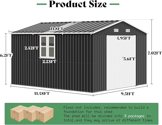 AMERLIFE 10x12x7 FT Metal Storage Shed with 2 Transparent Panels, Outdoor Tool Shed with Hinged Double Doors, Windows & Vents, Reinforced Steel Frame for Backyard Garden, DIY Workshop, Dark Gray