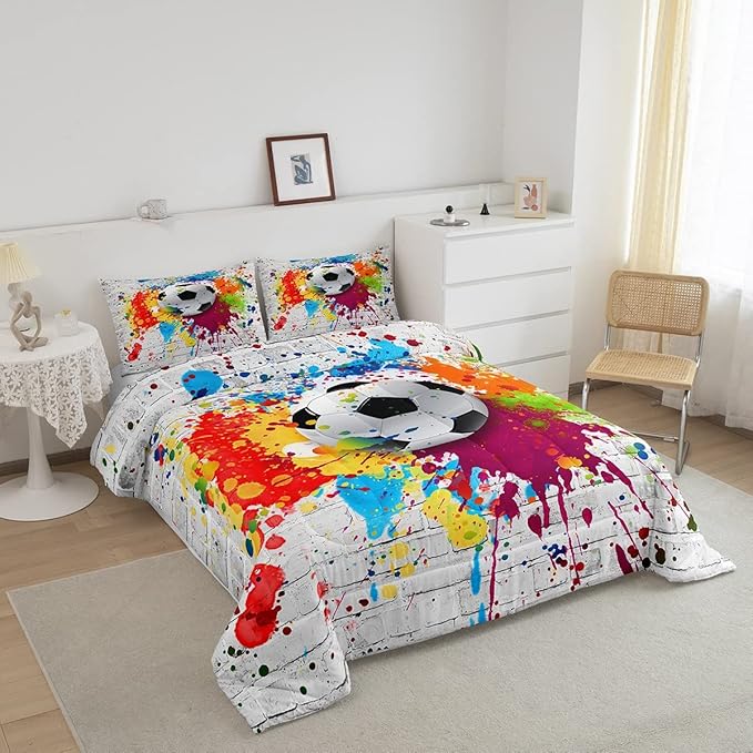 Feelyou Football Bedding Set Rugby Sports Comforter Set Soccer Ball Game Comforter for Boys Girls Teens Decor Gift for Football Lover Duvet Set Queen Size with 2 Pillow Case Boys