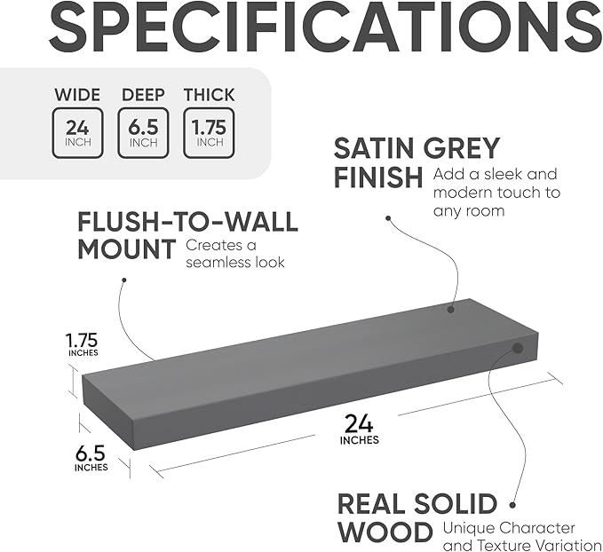 Homeforia 24inch Gray Floating Shelves for Wall, High End Solid Real Wood 24in Floating Shelf for Bathroom, Grey Wooden 24 inch Long Floating Shelves, Heavy Duty Bracket, 24 X 6.5 X 1.75 in, Set of 2