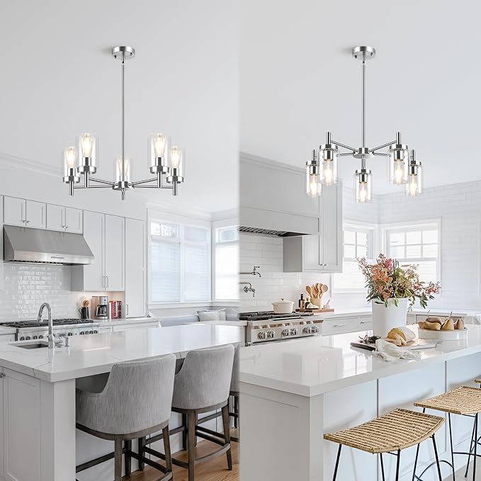 5 Lights Brushed Nickel Modern Farmhouse Chandelier for Dining Room with Glass Shade, Pre-Wired Height Adjustable Pendant Ceiling Lighting Fixture for Dining Living Room Bedroom Kitchen Foyer