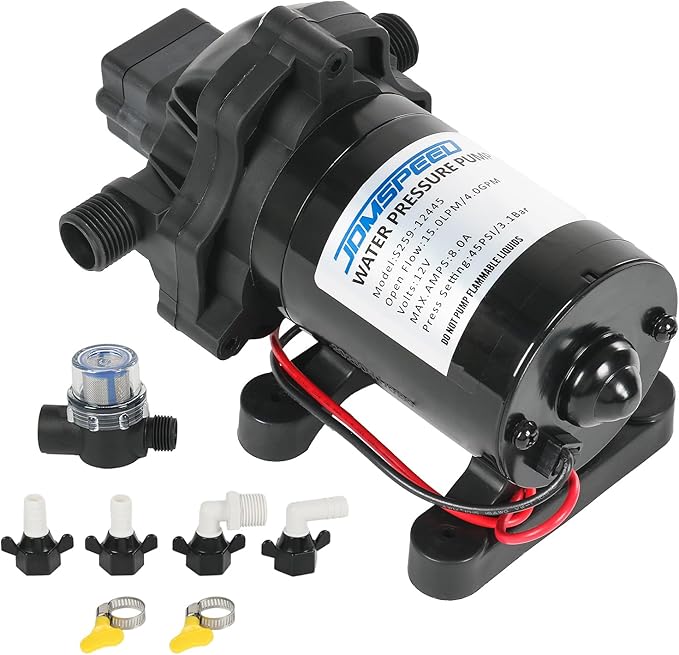 4.0 GPM 12V DC 45 PSI Revolution Water Pump with Pressure Switch Compatible with Camper, RV, Shower, Sprayer