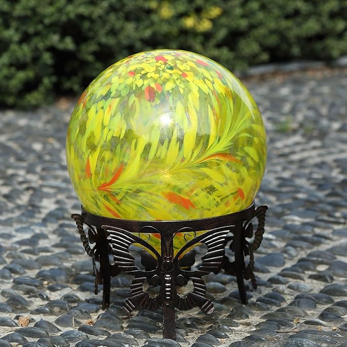 Gazing Ball 10 inch Colorful Glass Gazing Ball for Garden Decor, Indoor Outdoor Glass Gazing Globe Yard Decoration, Yellow