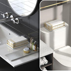 Wican Marble Guest Towel Holder Tray for Bathroom, Napkins Holder | Powder Room Dining Table Wooden Basket for Disposable Paper Hand Towels, Gold and Marble White