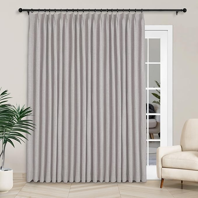 Macochico Extra Wide Full Blackout Linen Curtains for Sliding Door Browish Grey Pinch Pleated Linen Curtains 96 Inches Long for Bedroom Living Room Farmhouse with Tieback 120”Wx96”L 1 Panel