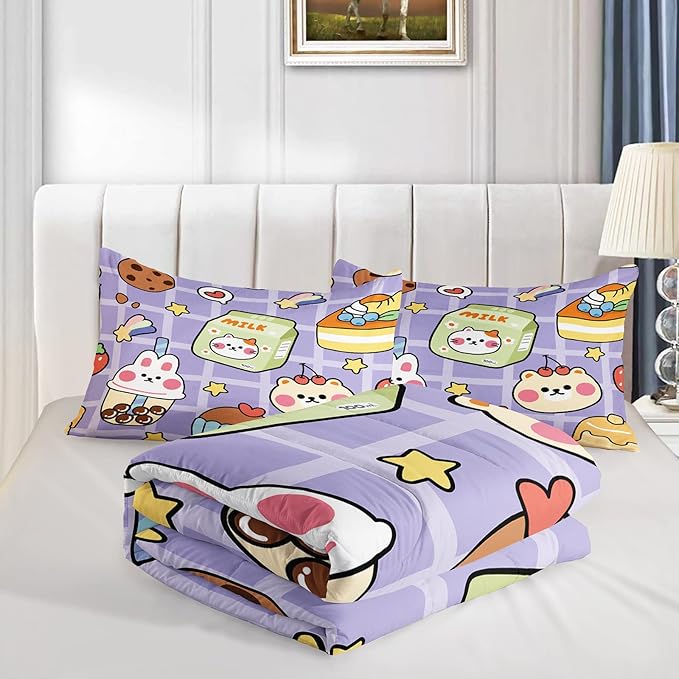 Kawaii Bear Comforter Set for Kids Teens Girls Women,Purple Bear Kids Comforter,1 Comforter with 2 Pillowcase, Microfiber 3 Piece Bedding Set,for All Seasons(Purple，King Size)