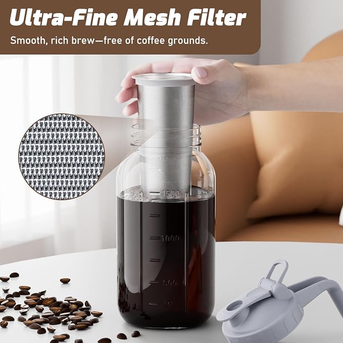 Cold Brew Coffee Maker, 64 oz Glass Mason Pitcher | 100μm stainless steel filter, wide mouth design, leak-proof lid with handle, pour spout for iced coffee, tea and cold drinks