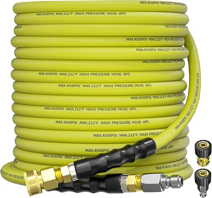 Pressure Washer Hose 50FT 3/8" for Cold and Hot Water 212°F, with Swivel Quick Connect, 4500PSI Kink Resistant Grade Steel Wire Braided, Power Washer Hose With 2pcs M22-14mm Adapter