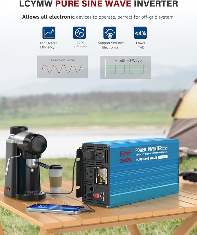Power Inverter 2500 Watt Pure Sine Wave 12V DC to 110V/120V AC 5000W Peak Converter for Family RV Off Grid Solar System with 3 AC Outlets LCD Display Remote Control and 2.4A USB Charging Port