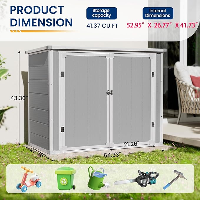 Amopatio 41 Cu Ft Outdoor Storage Shed, Horizontal Resin Trash Can Storage, Weather Resistance, Storage Box with Floor Included for Garden Tools, Lawn Mowers, Garbage Cans, Patio Use, Sandstone