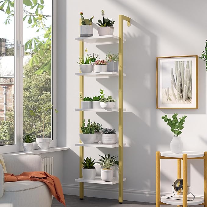 YMYNY 5 Tiers Ladder Bookcase, Industrial Wall Mounted Bookshelf, Open Display Rack with Metal Frame, Wooden Storage Shelves for Bedroom, Home Office, Living Room, White+Gold, 70*17.3*11.8"UHBC015W