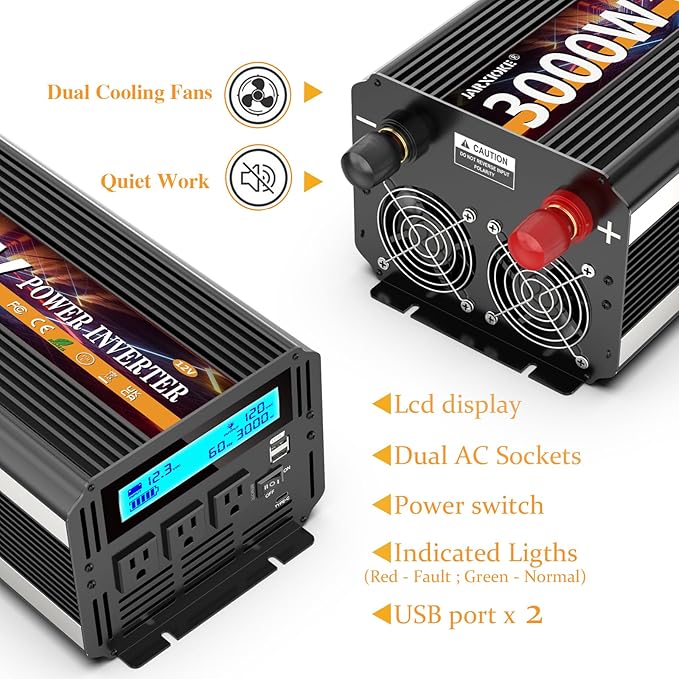 3000W Power Inverter 12V DC to AC 110V/120V (Peak) 6000W Converter 3 sockets car Inverter with Remote Control and LED Display 3.4A USB Port