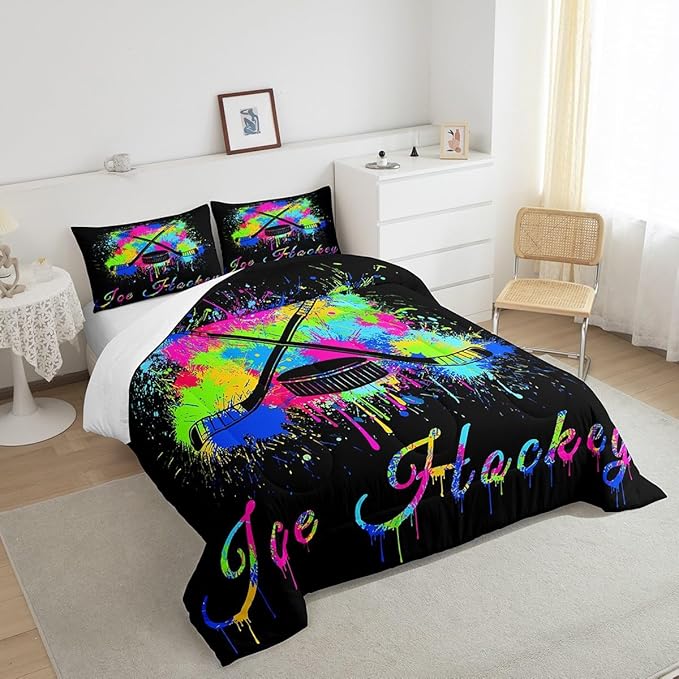 Feelyou Kids Ice Hockey Comforter Set Twin Size Gaming Sports Bedding Set for Boys Girls Teens Bedroom Decor Ice Sports Games Tie Dye Comforter Hockey Player Duvet Set with 1 Pillow Case
