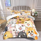 Dogs Bedding Set Queen Size 3Pcs - Cute Cartoon Dog Animal Print Comforter Set for Kids Boys Lightweight Soft Puppy Comforter with 2 Pillowcases All-Season Boys Teens Bedroom Dorm Bedding Decor