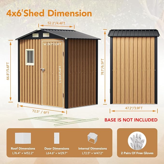 6X4FT Garden Storage Shed with Lockable Door,Steel Tool Shed with 1 Clear Window, Anti-Corrosion Metal Shed for Backyard Patio Lawn (Light Wood Grain)