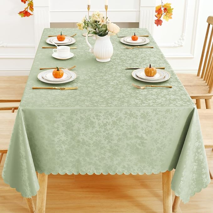 Smiry Rectangle Waterproof Heavy Duty Vinyl Tablecloths, 60 x 84 Inch | Wipeable Washable Floral Embossed Table Cover for Kitchen and Dining Room, Indoor & Outdoor Use, Grass Green