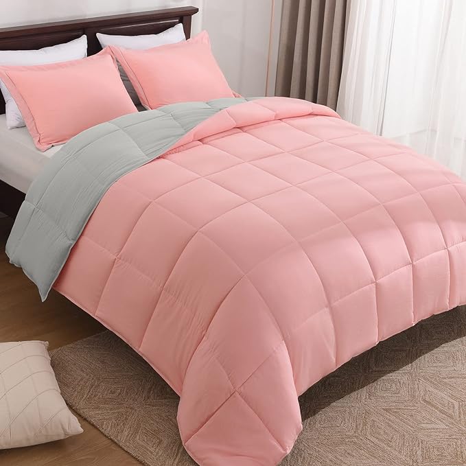 Basic Beyond King Size Comforter Set - Fluffy King Bed Comforter Set for All Seasons - Reversible Pink and Grey Comforter Set King - 3 Pieces (1 Comforter + 2 Pillow Shams)