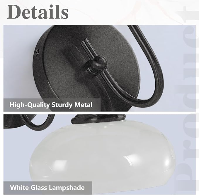 Modern Matte Black Wall Sconce Farmhouse 7.9" Milk White Glass Globe Wall Lamp for Industrial Style Hard-Wired Semi Flush Mount Wall Light Fixture for Stairway, Hallway, Bedroom