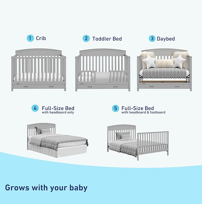 Graco Benton 5-in-1 Convertible Crib with Drawer (Pebble Gray) -Converts from Baby Crib to Toddler Bed, Daybed and Full-Size Bed,Fits Standard Full-Size Crib Mattress, Adjustable Mattress Support Base