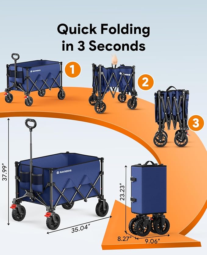 Wagon Carts Foldable, 180L Collapsible Foldable Wagon with 330lbs Weight Capacity, Heavy Duty Utility Cart with Drink Holders and Brakes for Beach Camping Shopping Sports Wheelbarrows, Blue