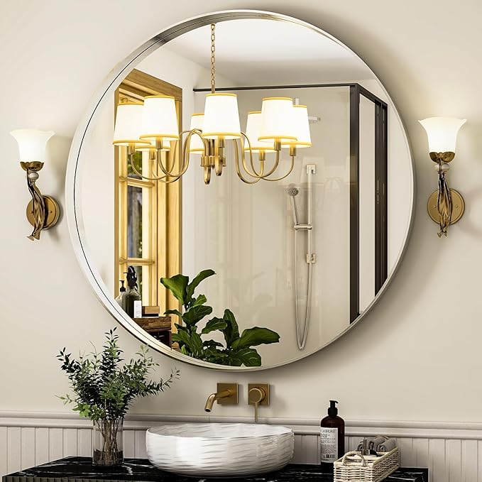 32 Inch Silver Round Bathroom Mirror - Wall Mounted Circle Mirror with Metal Frame, Modern Mirror Suitable for Bathroom, Vanity, Entryway, Living Room, Wall Decor