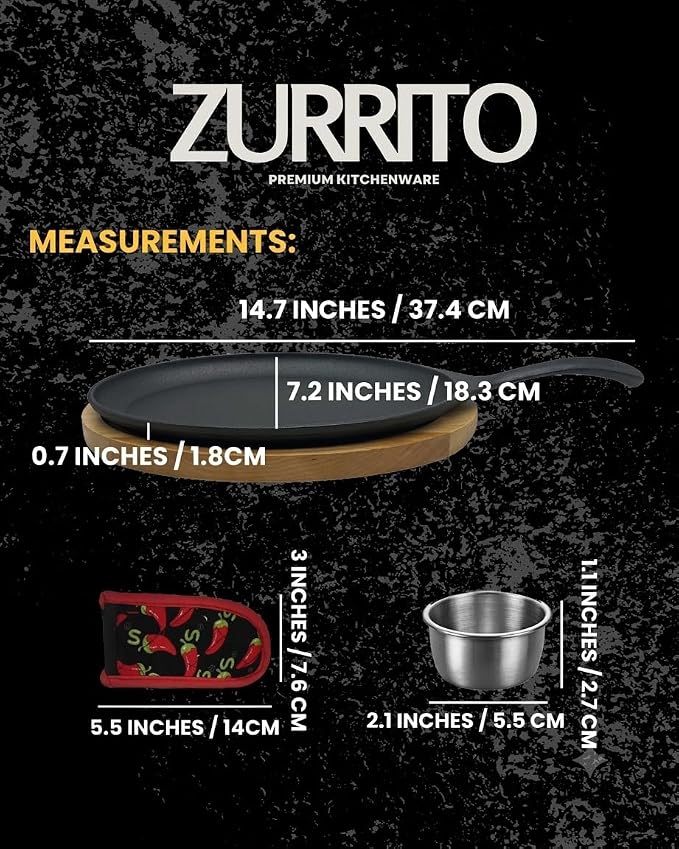 2x Fajita Skillet with Saucers, Cast Iron Hot Plate, Fajita Kit, Sizzling Plate with Wooden Base, Fajita Skillet Set, Sizzle Platter, Cast Iron Serving Dishes, Steak Plates for Eating