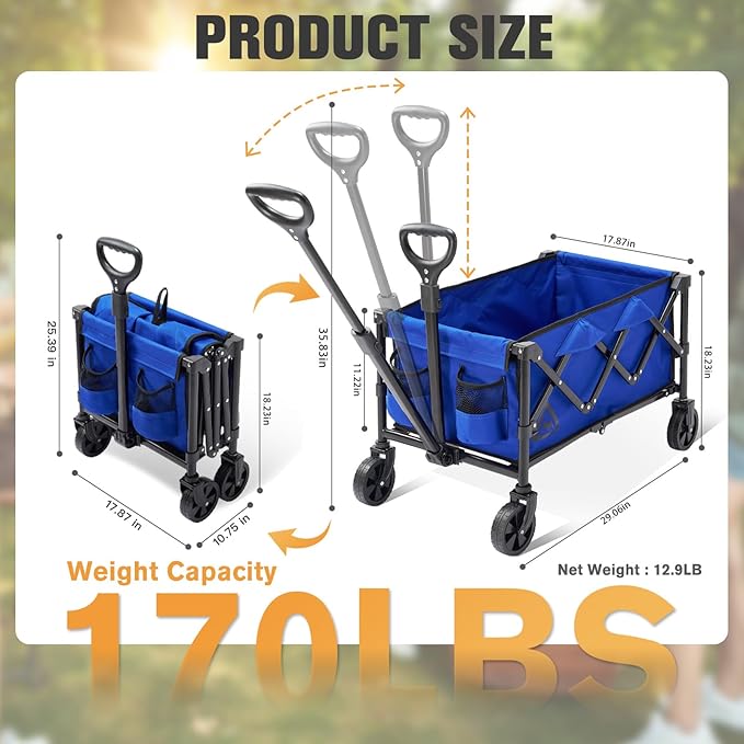 Wagon Cart Shopping Foldable Folding Collapsible with Wheels Big On Beach Garden Outdoor Grocery Heavy Duty Utility All Terrain Portable Wagons Carts for Groceries Sand Camping Sports Blue