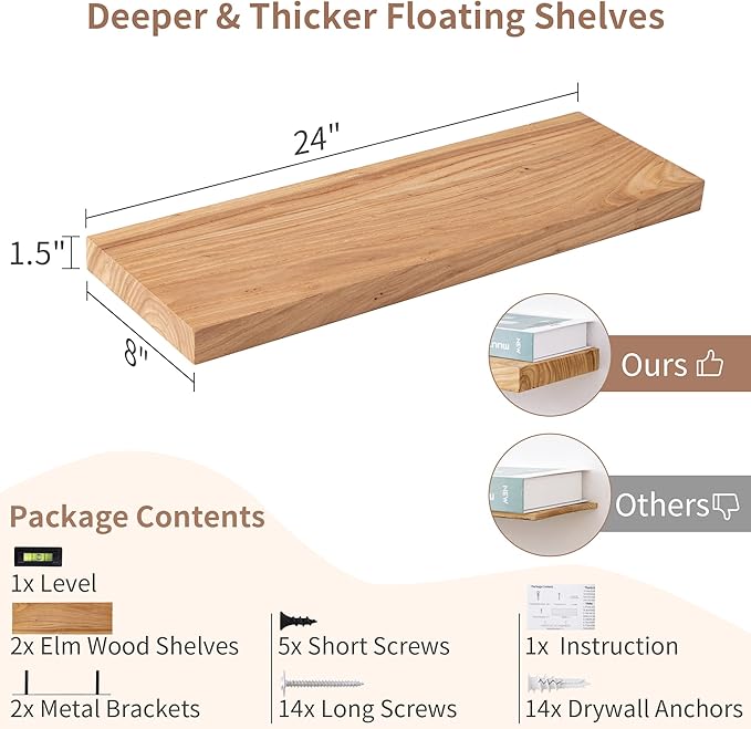 Axeman Floating Shelves for Wall, 24''W x 8'' D Rustic Solid Elm Wood Shelves for Storage, Wall Mounted Display Shelving with Invisible Heavy-Duty Metal Bracket (Natural, 2PCs)