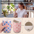 Hushee 2 Pack 16 oz Ceramic Coffee Mugs with Sip Hole, Retro Hand-painted Ceramic Travel Mug, Cute Blue Pink White Hearts Plaid Design, Microwave & Dishwasher Safe, Ideal Gifts for Coffee Lovers