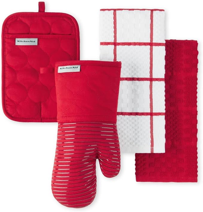 KITCHENAID Quilted Cotton Terry Cloth Oven Mitt, Pot Holder, Kitchen Towel 4-Pack Set, Heat Resistant, Silicone Grip, Gift Set, Passion Red, 16"x26", 7"x13" & 7"x10"