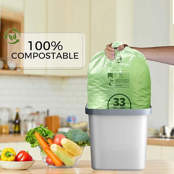 30-33 Gallon Compostable Trash Bags with Flat-Top, Heavy Duty Extra Thick 1.57 Mil, 124.92 Liter, 30 Bags, Large Lawn and Yard Waste Bag, ASTM D6400, US BPI and OK Compost Home Certified