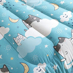 Cat Comforter Queen Size,Blue Cloud Cats Comforter Set for Kids Teens Girls Boys,3Pcs Bedding Set Printed Comforter with 2 Pillowcases,Down Alternative,Soft and Lightweight，Queen Size