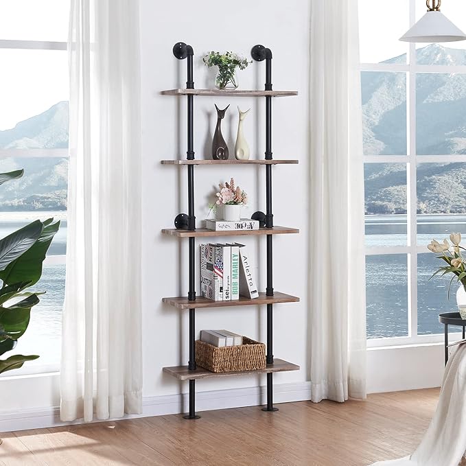 HOMBAZAAR Industrial Bookshelf, 5-Tier Industrial Pipe Bookshelf, Wall Mounted Ladder Shelves with Metal Frame for Home Office, Living Room, Oak Brown