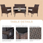 Shintenchi 4 Piece Outdoor Patio Furniture Sets, Small Wicker Patio Conversation Furniture Rattan Chair Set with Tempered Glass Coffee Table for Backyard Porch Garden Poolside Balcony